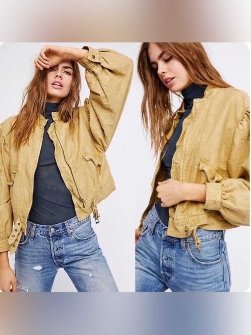 Free People Poet Puff Sleeve Khaki Bomber Jacket Large